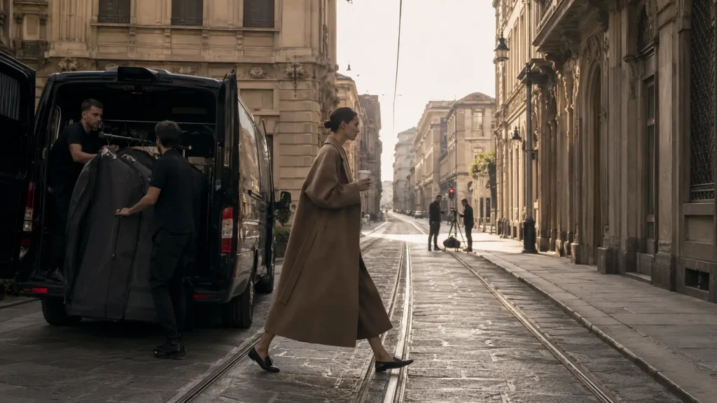 Milano all’alba durante la Fashion Week, con assistenti che scaricano abiti da un van, una modella in cappotto color cammello e fotografi in preparazione.