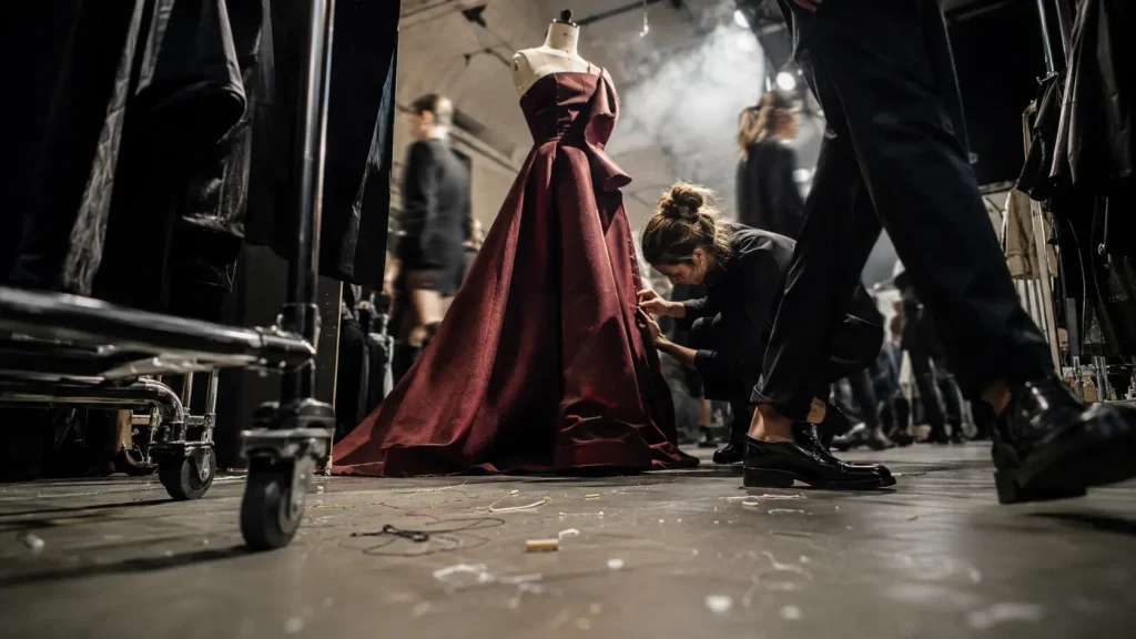 Backstage di una sfilata a Milano, con sarta che rifinisce un abito couture su manichino tra vapori, rack e movimento dello staff.