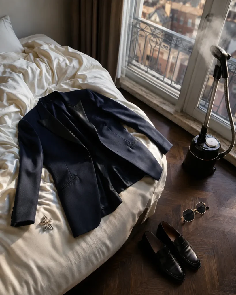 Preparazione in una suite milanese prima di un evento serale, con smoking blu notte, mocassini, occhiali e accessori disposti accanto al letto.