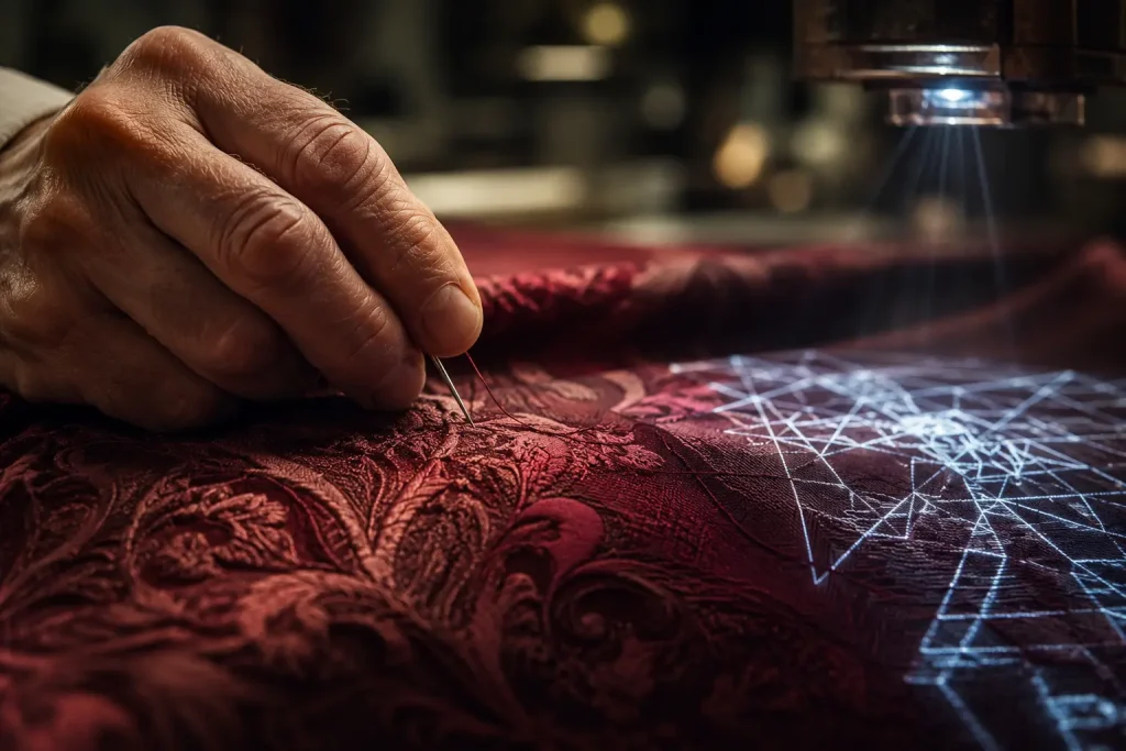 Primo piano di un artigiano italiano che cuce un tessuto broccato mentre una proiezione digitale traccia un motivo geometrico sulla stoffa.
