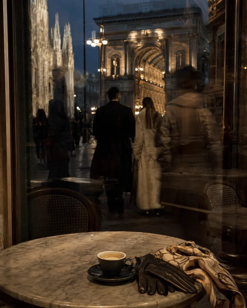 Riflessi serali di Milano sulla vetrina di un caffè, con ospiti eleganti, tazza di espresso, guanti in pelle e foulard su un tavolo in marmo.