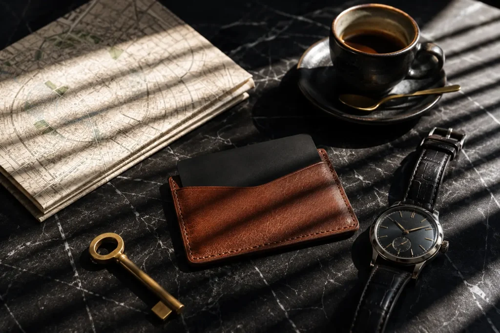 Still life di lusso con membership card, portacarte in pelle, orologio, chiave in ottone, espresso e mappa di Milano su tavolo in marmo scuro.