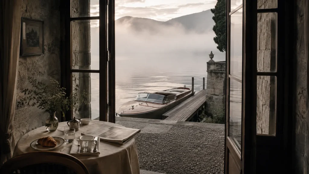 Vista mattutina su un tranquillo lago italiano con barca in legno al pontile e colazione apparecchiata all’interno di una villa storica.