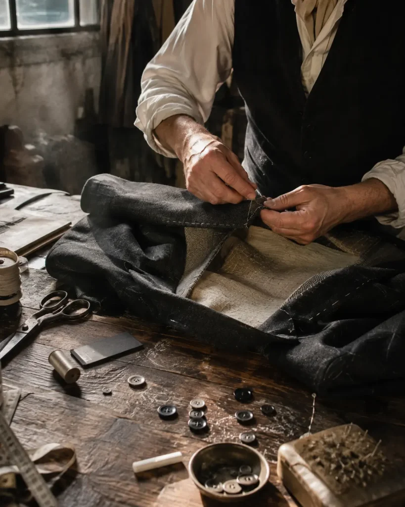 Artigiano italiano al lavoro in atelier, mentre cuce a mano la fodera interna di una giacca su un banco in legno con strumenti da sartoria.