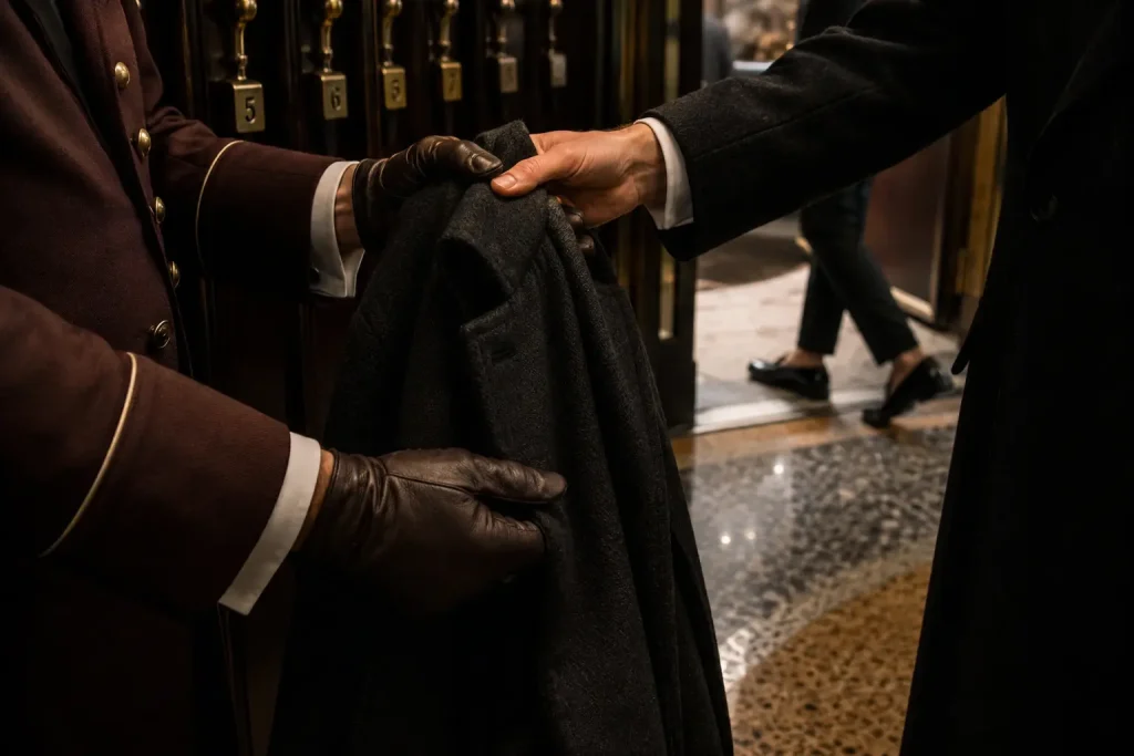 Guardaroba di un esclusivo locale italiano, con un ospite che consegna il cappotto a un addetto prima di entrare nello spazio riservato.