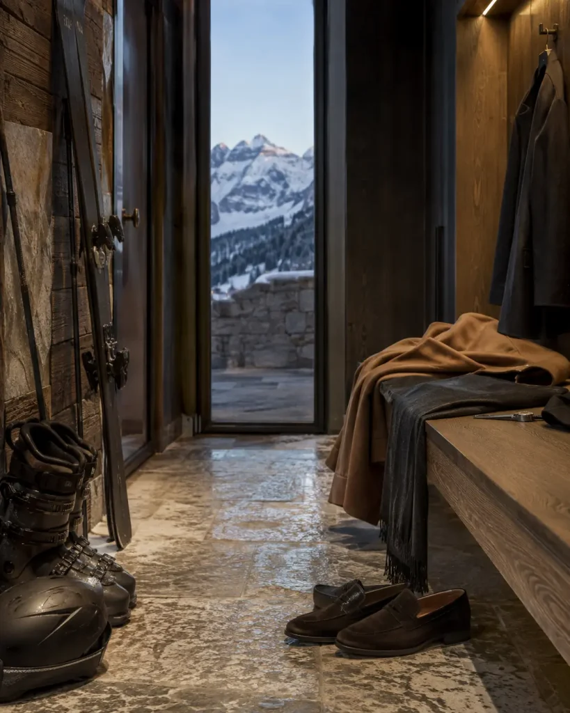 Interno di un raffinato lodge sulle Dolomiti dopo lo sci, con attrezzatura tecnica all’ingresso e abiti eleganti preparati per la serata.
