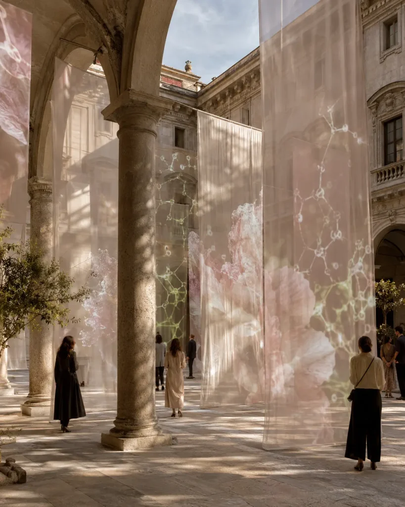 Installazione beauty contemporanea nel cortile di un palazzo storico milanese, con pannelli traslucidi, proiezioni floreali e visitatori tra le colonne.