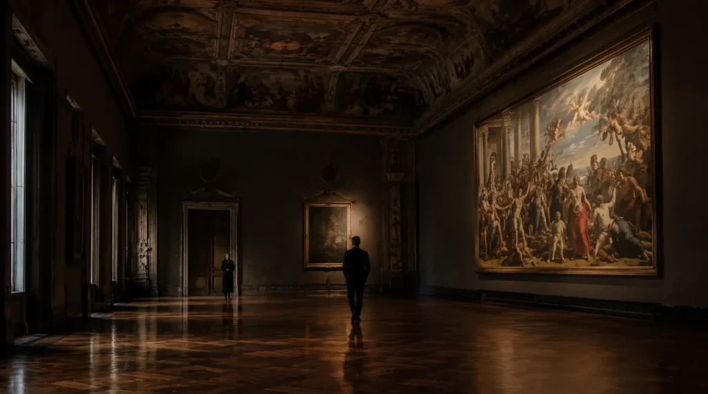 Visita privata serale in una storica galleria d’arte italiana, con un ospite solitario, un curatore discreto e sale rinascimentali illuminate in modo suggestivo.