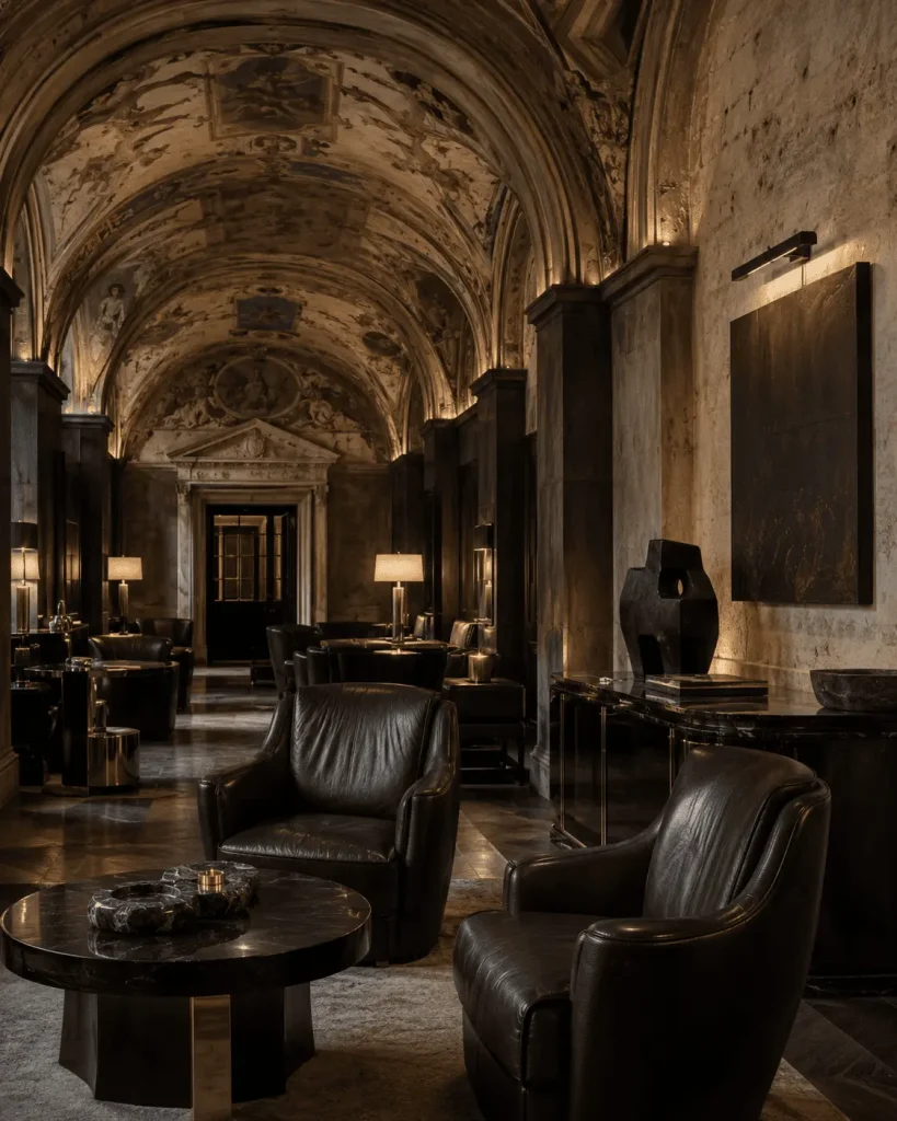 Interno esclusivo di un private club romano in un palazzo rinascimentale, con soffitti affrescati, poltrone in pelle, legno scuro e dettagli in ottone.
