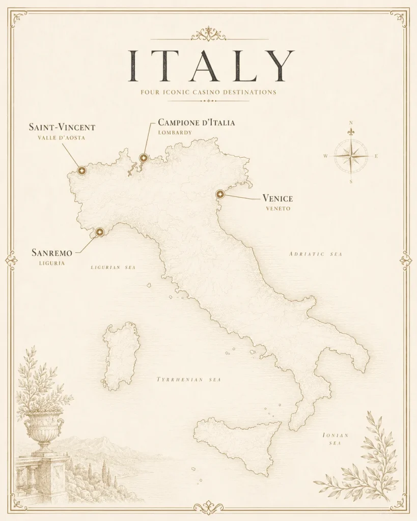 Mappa dei quattro casinò terrestri in Italia