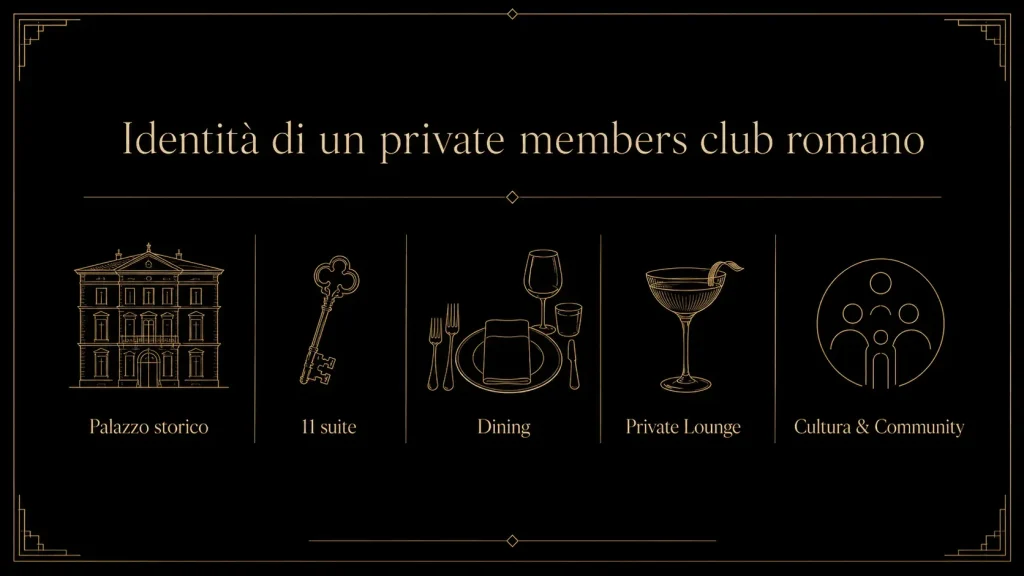 Infografica sull’identità di un private members club romano con palazzo storico, 11 suite, dining, private lounge e cultura & community.