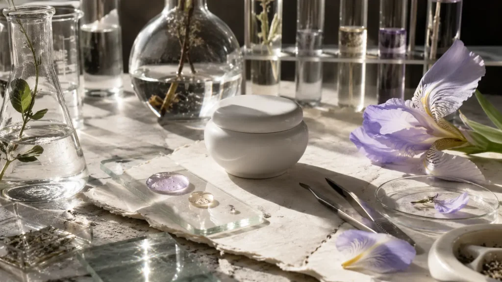 Still life editoriale di un laboratorio beauty milanese, con vasi in vetro, estratti botanici, siero, strumenti di precisione, fiore di iris e vasetto cosmetico senza marchio.