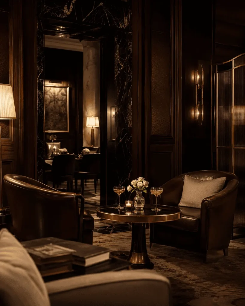 Interno elegante di un private members club milanese con poltrone in pelle, luci calde, tavolino con aperitivi e dettagli in ottone.