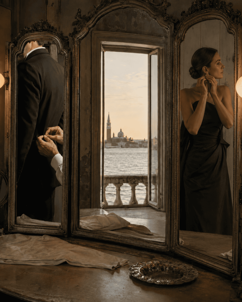 Preparazione prima di una première al Lido di Venezia, con abito da sera, smoking rifinito dal sarto e vista sulla laguna attraverso uno specchio antico.