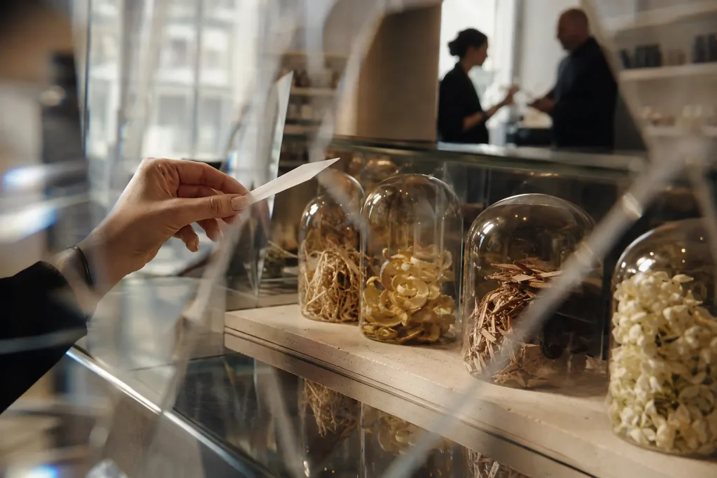 Scoperta olfattiva in un concept store milanese, con mouillette profumata, iris, bergamotto, cedro e gelsomino esposti sotto vetro.