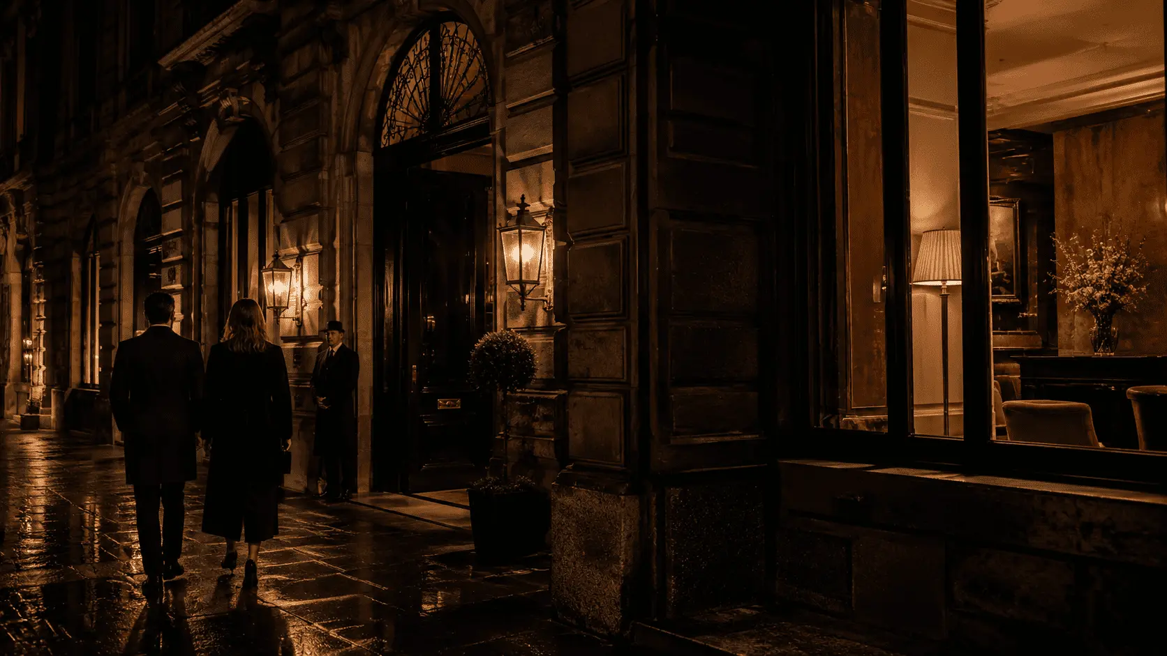 Ingresso notturno di un esclusivo private members club a Milano, con ospiti eleganti, luci calde e pavé bagnato.