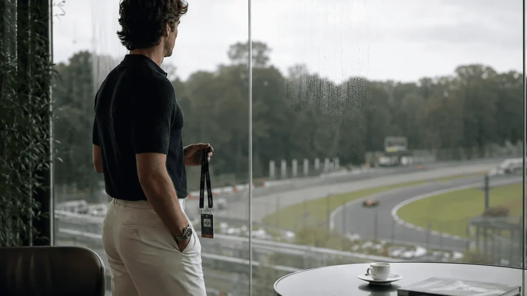 Ospite elegante in una hospitality lounge a Monza con vista sul circuito, pass di accesso in mano ed espresso sul tavolo.