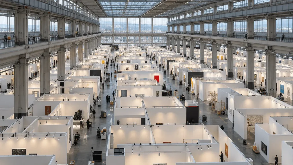 Veduta dall’alto dell’Oval Lingotto di Torino durante l’allestimento di Artissima, con pareti espositive bianche, tecnici al lavoro e geometrie industriali del grande padiglione.