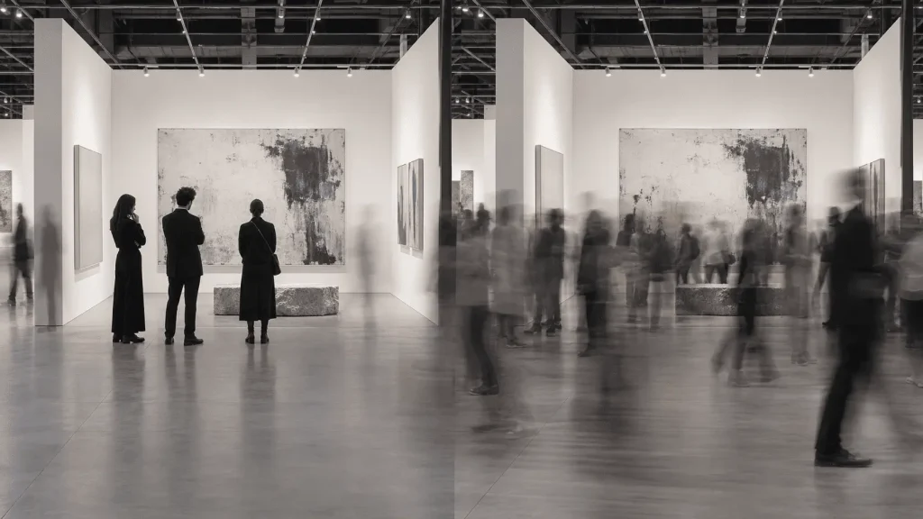 Confronto tra preview privata e giornata pubblica in una fiera d’arte contemporanea, con pochi visitatori fermi da un lato e flussi di persone in movimento dall’altro.