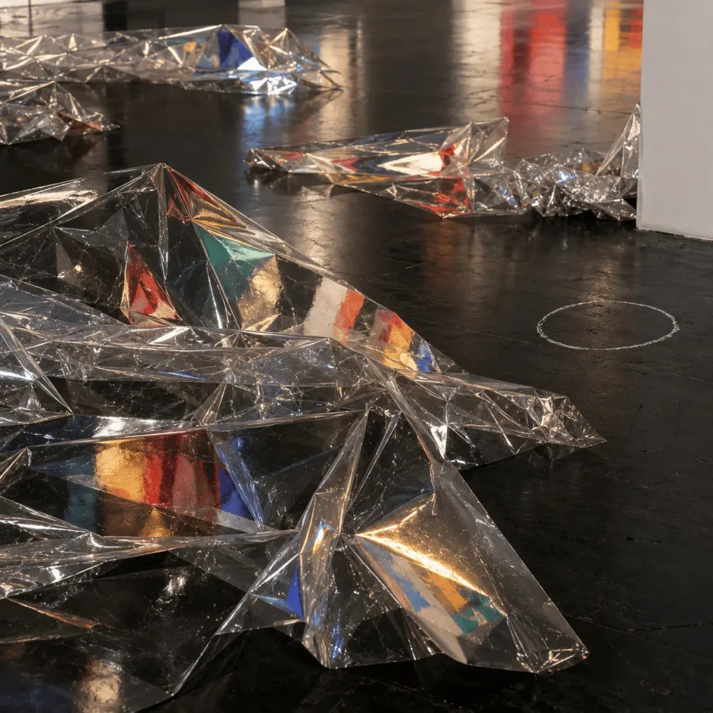 Pellicole protettive trasparenti rimosse dalle opere dopo l’allestimento di una fiera d’arte, con riflessi colorati e segni sul pavimento industriale.