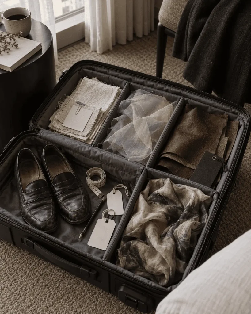 Valigia aperta alla fine del Fashion Month, con campioni di tessuto, pelle, seta, metro da sarto, etichette neutre e mocassini consumati dal viaggio.