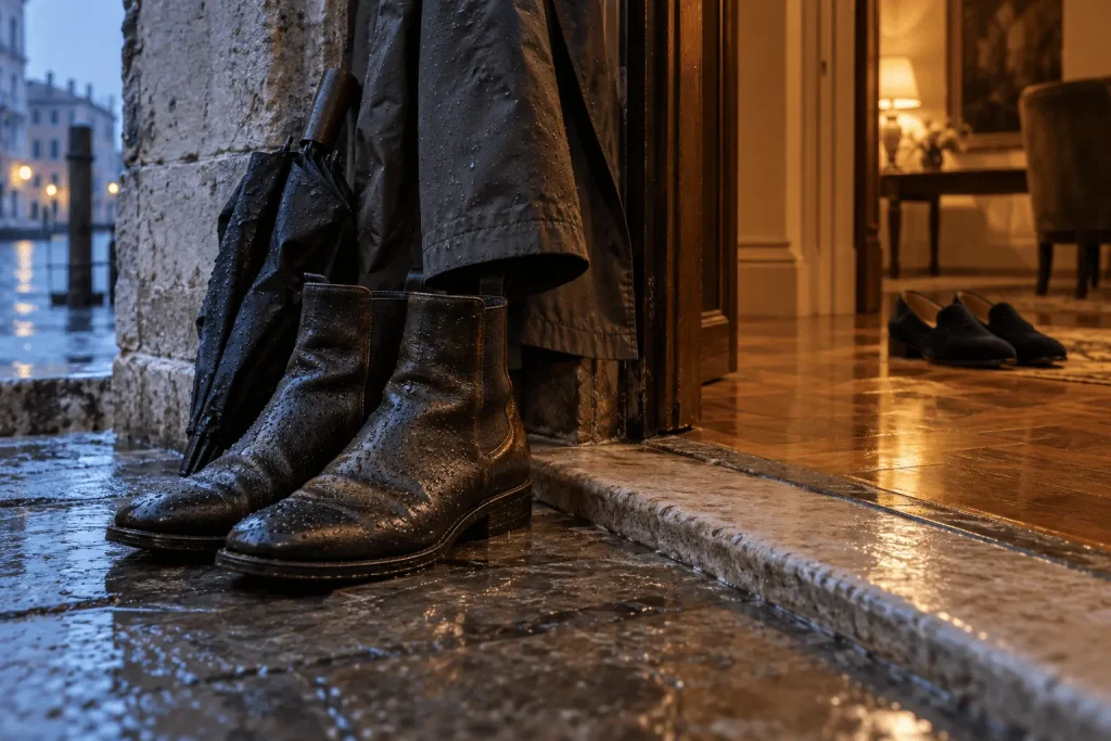 Ingresso di un hotel veneziano dopo una giornata alla Biennale, con stivaletti bagnati, ombrello e cappotto tecnico all’esterno e mocassini puliti pronti per la sera all’interno.