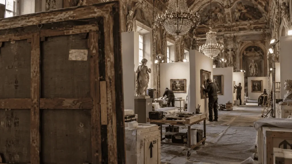 Allestimento di una fiera d’antiquariato in un palazzo storico fiorentino, con tecnici al lavoro tra dipinti, pareti espositive e soffitti affrescati.