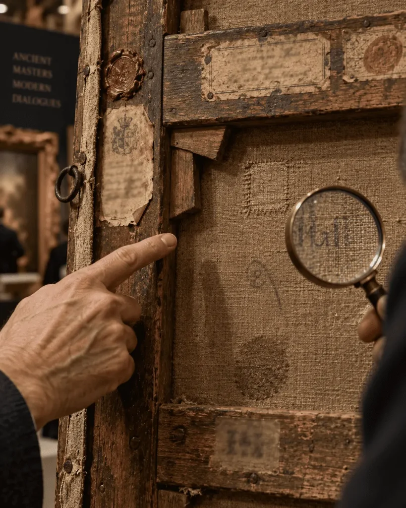 Retro di un dipinto antico in esame a una fiera d’arte, con legno del telaio invecchiato, sigilli, etichette storiche, lente d’ingrandimento e mano del gallerista che indica un dettaglio costruttivo.