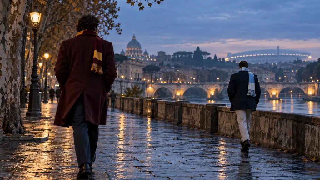 Due tifosi anonimi con cappotti eleganti e sciarpe dai colori discreti camminano lungo il Tevere verso lo stadio al crepuscolo.