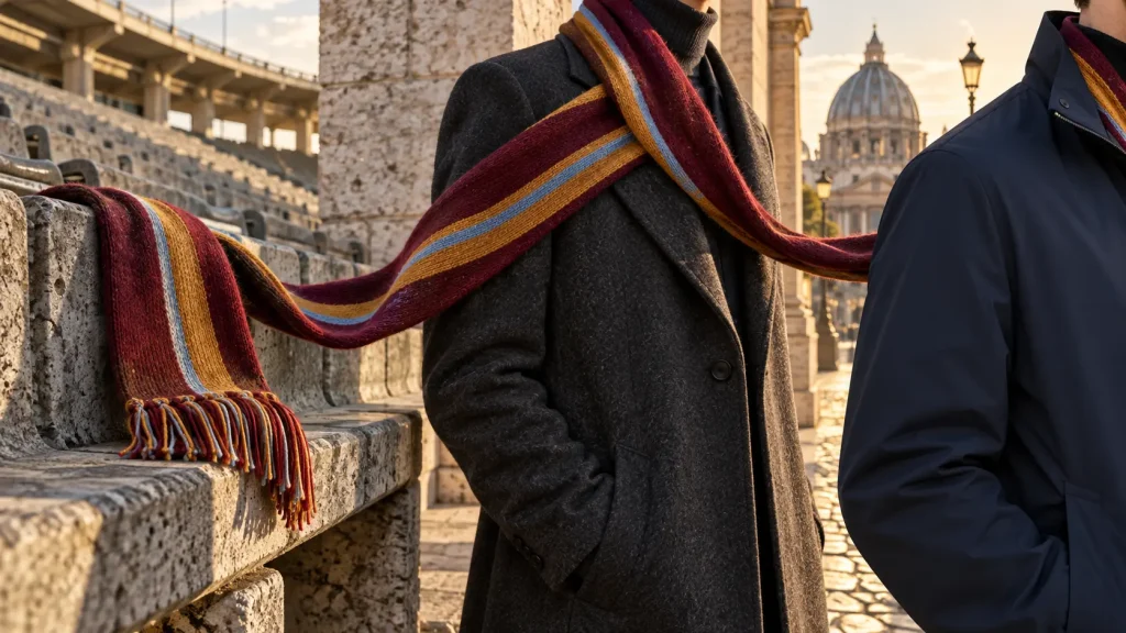 Un’unica sciarpa nei toni bordeaux, oro e azzurro attraversa senza interruzioni le gradinate, un cappotto di lana e una giacca tecnica nel centro di Roma.