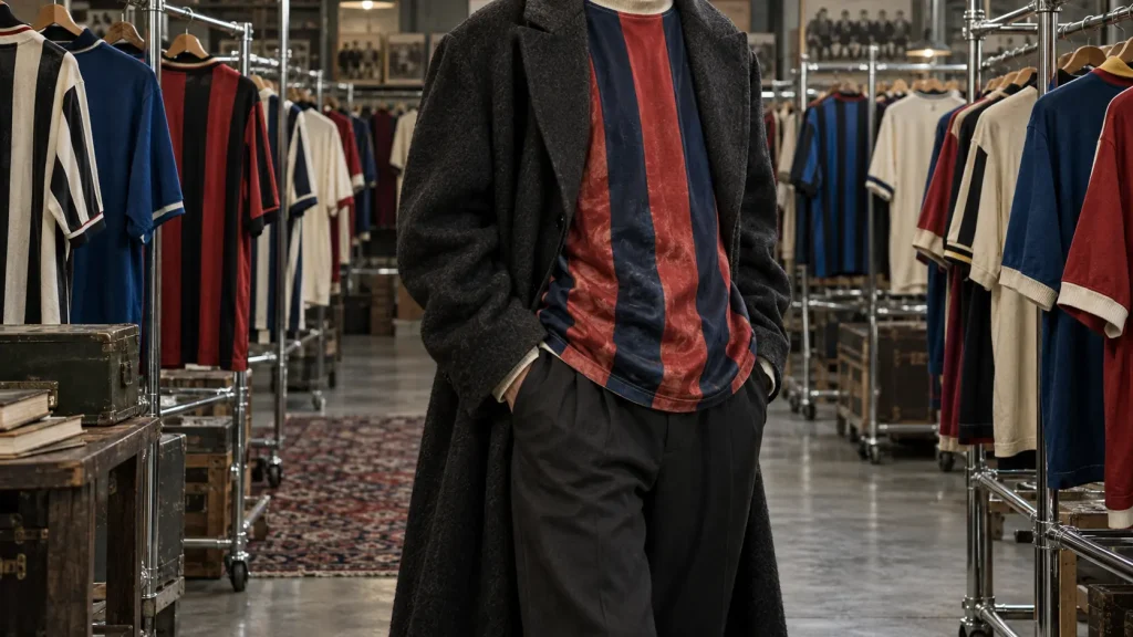 Figura anonima con maglia da calcio a righe sotto un lungo cappotto di lana, circondata da file di divise vintage prive di loghi.