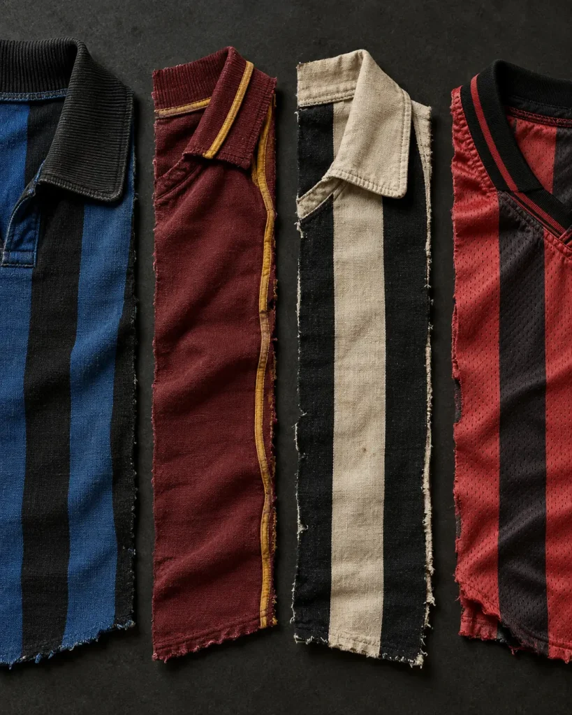 Studio museale di quattro frammenti di maglie da calcio italiane storiche, con colletti, cuciture e tessuti d’epoca differenti.