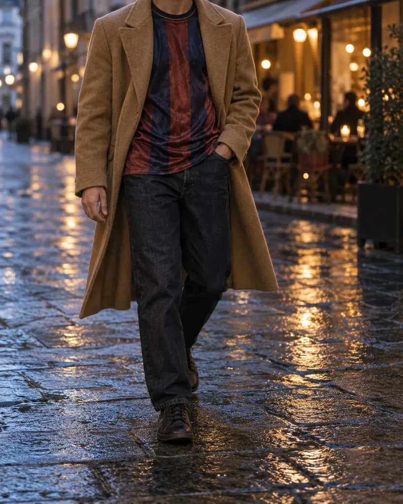 Uomo con maglia da calcio vintage sotto un lungo cappotto color cammello, fotografato su una strada italiana bagnata dopo il tramonto.
