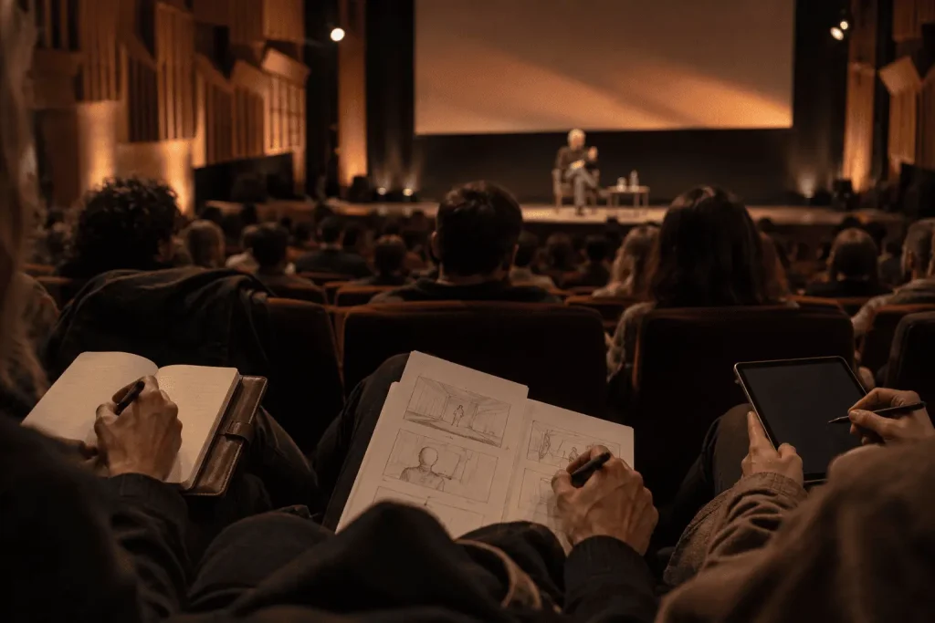 Masterclass cinematografica in un auditorium a Roma, con spettatori che prendono appunti, disegnano storyboard e seguono il relatore sul palco.
