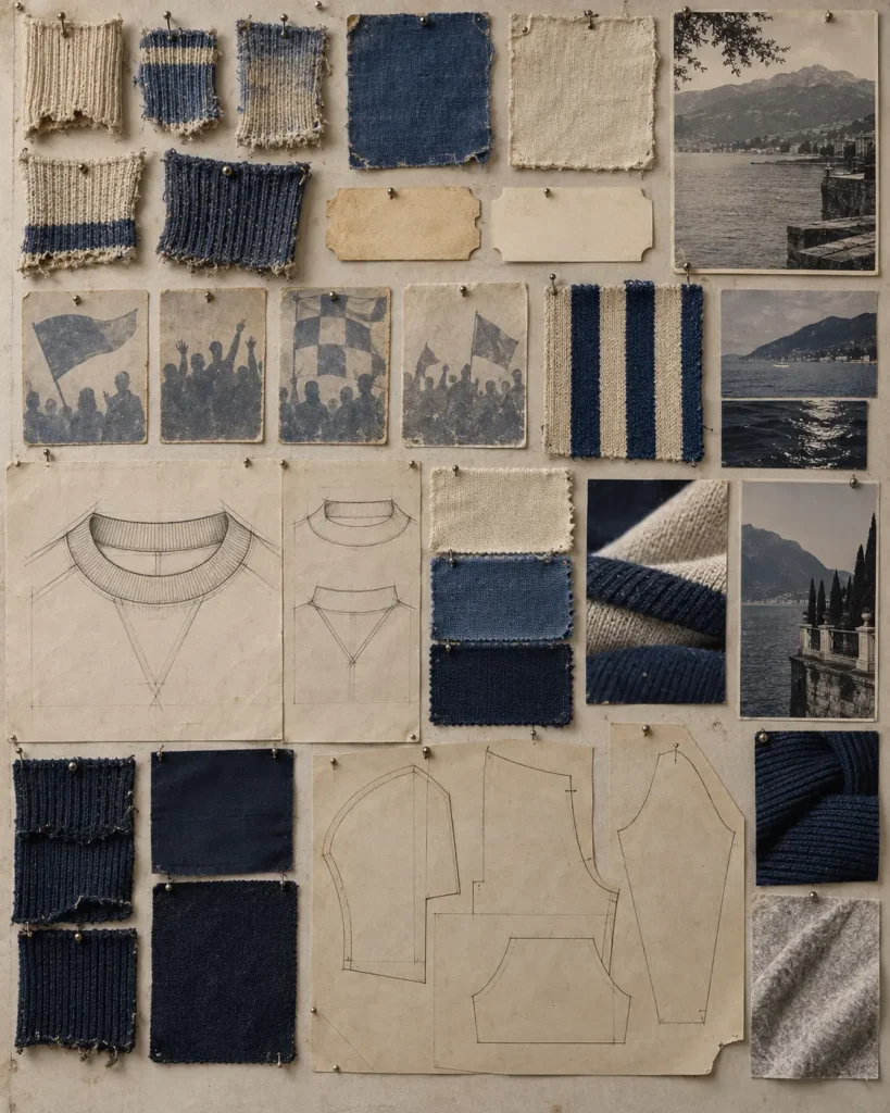 Archivio tessile con campioni blu e crema, costruzioni di colletti, sagome di tifosi e cartamodello di una felpa contemporanea.