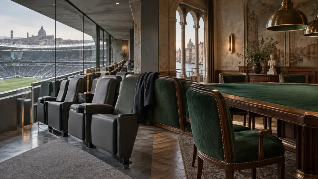 Suite di uno stadio italiano che si trasforma in un salone veneziano con tavolo verde, arredi in noce e una giacca scura al centro.
