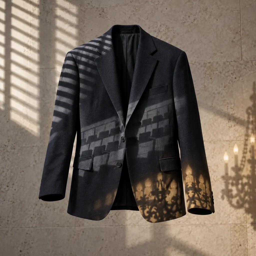 Blazer blu notte sospeso con ombre di persiane veneziane, gradinate dello stadio e frammenti di un lampadario.