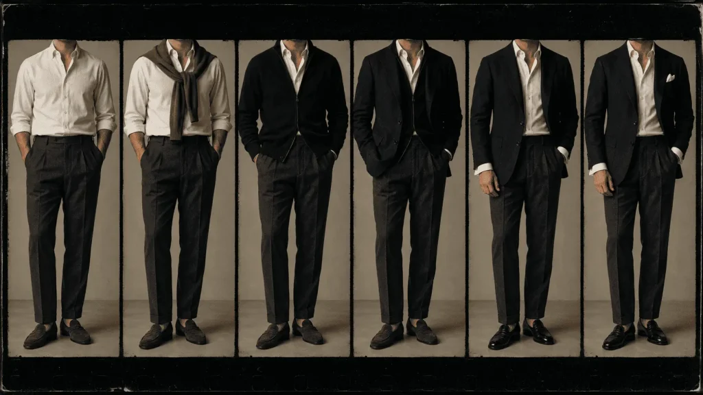 Evoluzione di un outfit maschile dal look smart casual da giorno alla formalità serale, mostrata in sei variazioni con camicia avorio e pantaloni antracite.