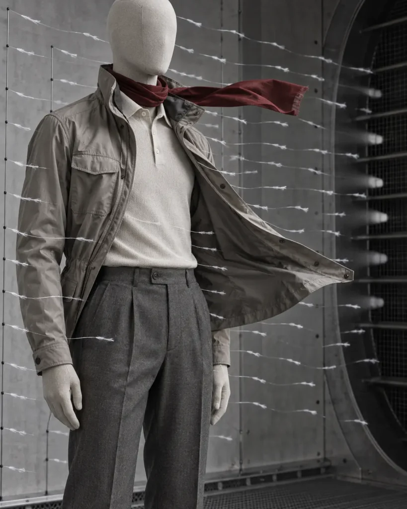 Manichino in galleria del vento con giacca tecnica, polo in maglia e pantaloni sartoriali, tra fili bianchi e una sciarpa bordeaux mossa dall’aria.