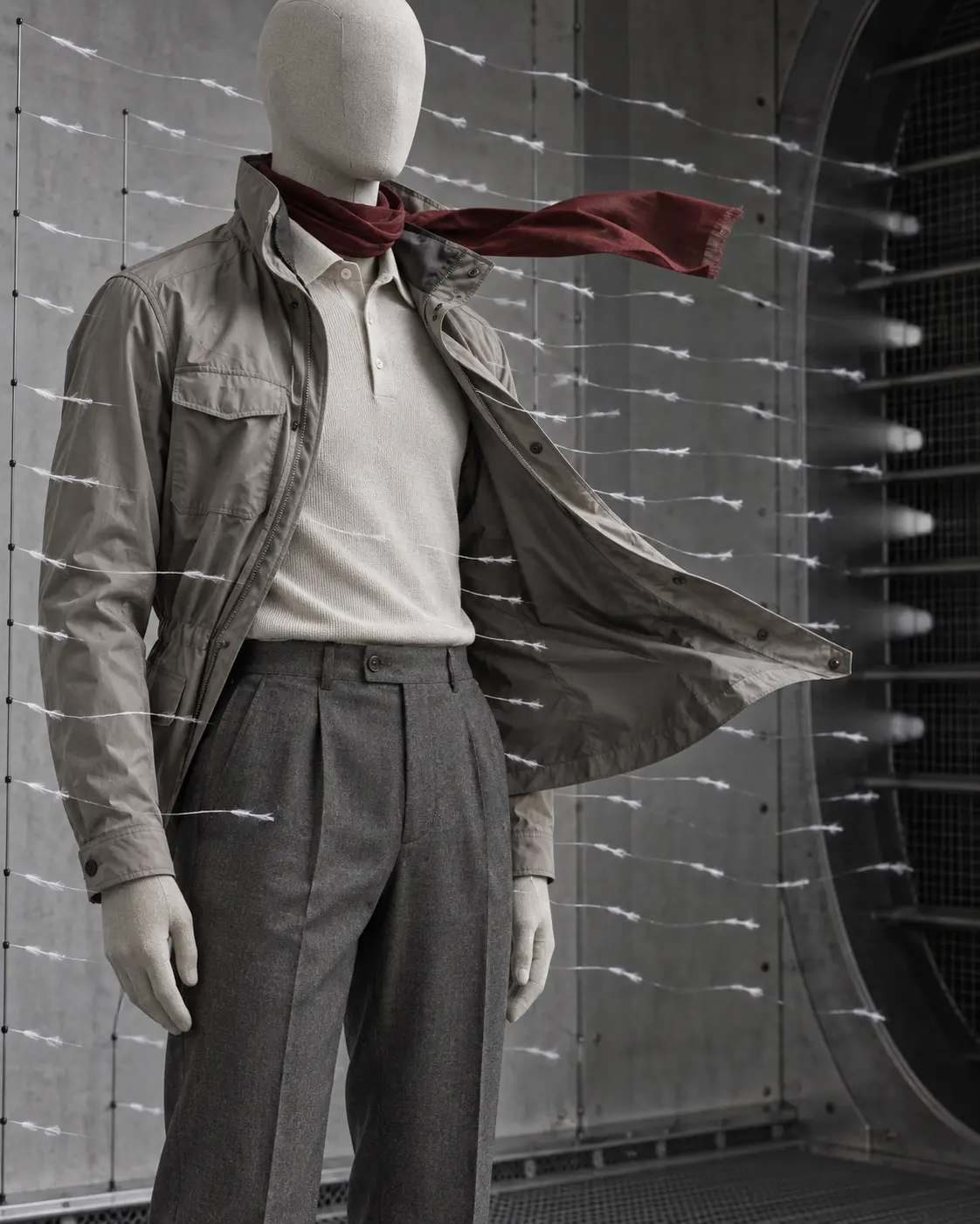 Manichino in galleria del vento con giacca tecnica, polo in maglia e pantaloni sartoriali, tra fili bianchi e una sciarpa bordeaux mossa dall’aria.