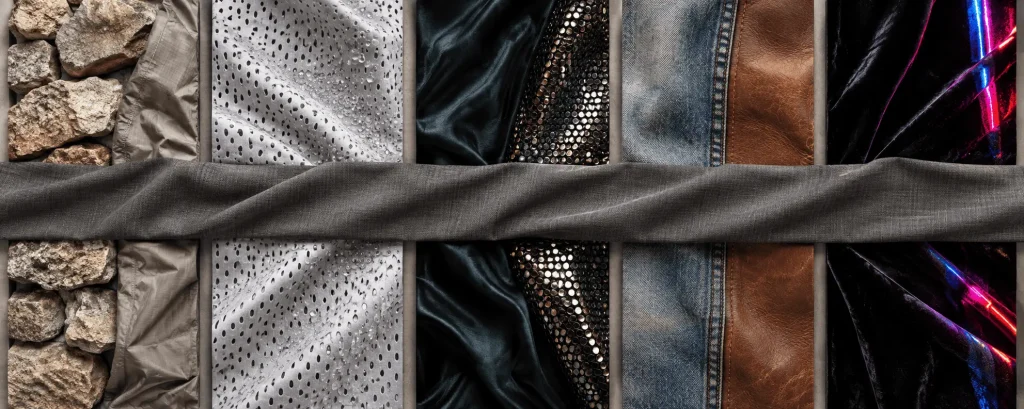 Cinque pannelli con pietra, tessuti tecnici, seta, denim, pelle e velluto, uniti da una fascia orizzontale di tessuto grigio grafite.
