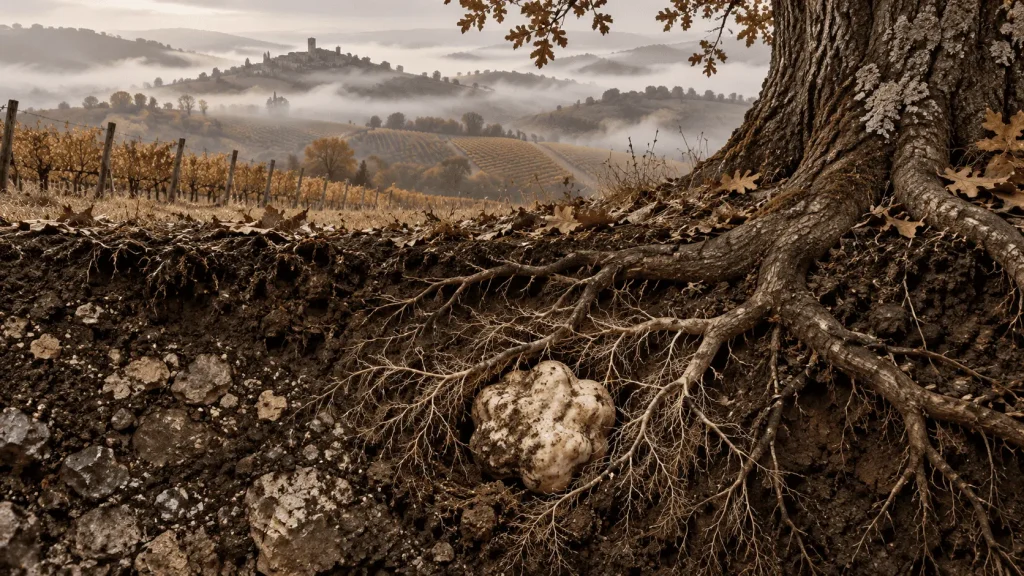 Paesaggio autunnale delle Langhe con vigneti nella nebbia e sezione del terreno che mostra un tartufo bianco tra le radici di una quercia.