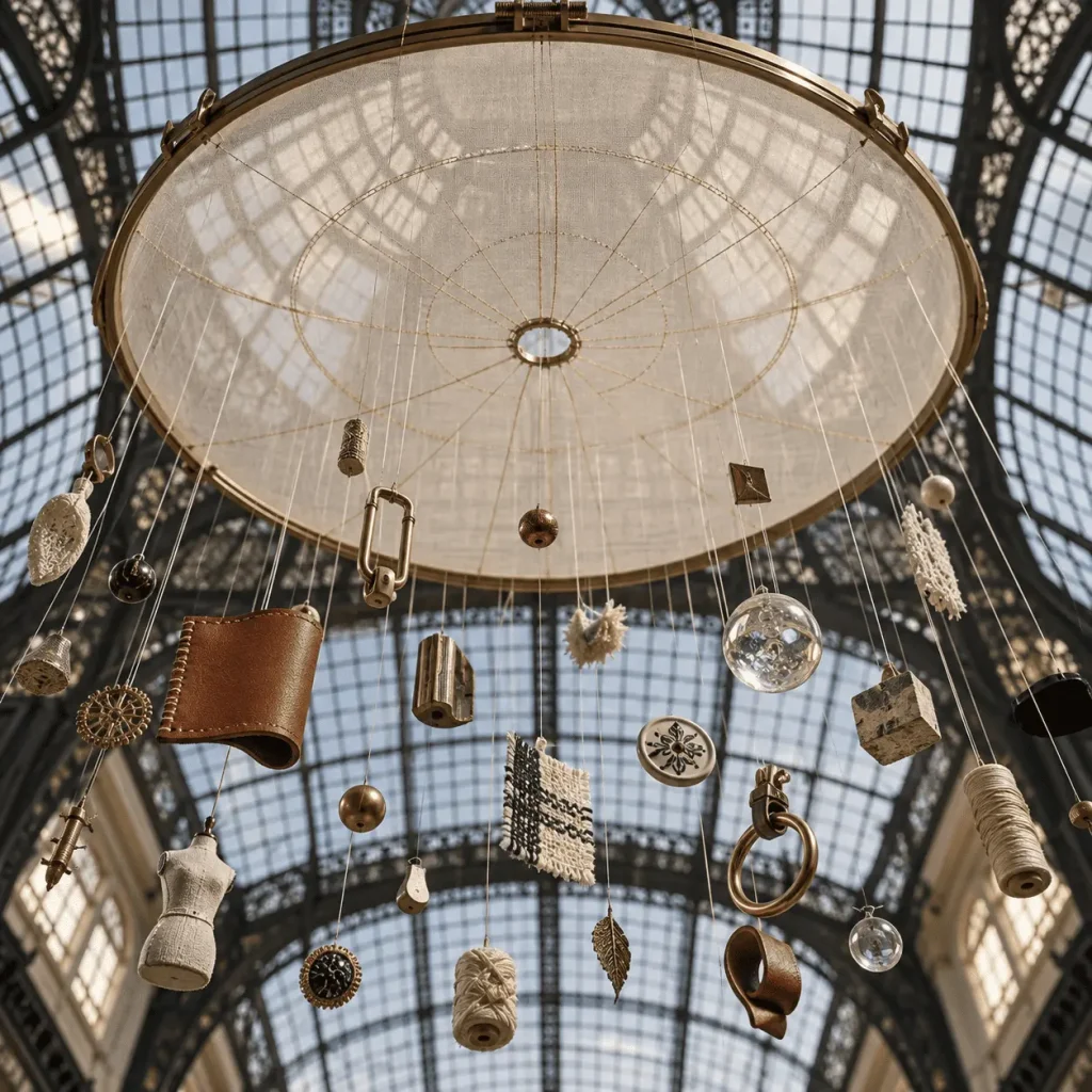 Installazione sospesa ispirata all’artigianato milanese, con fili, pelle, metallo, tessuti, vetro e piccoli dettagli fatti a mano sotto una grande struttura in vetro e ferro.