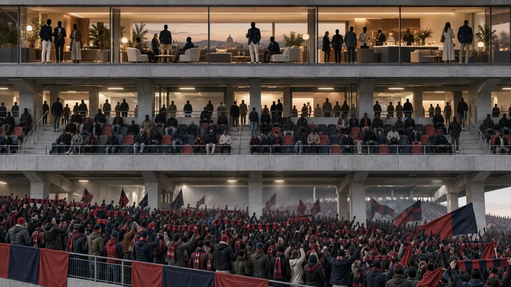 Stadio in sezione su tre livelli: tifosi con sciarpe in curva, abbigliamento casual in tribuna e look sartoriali negli skybox illuminati.