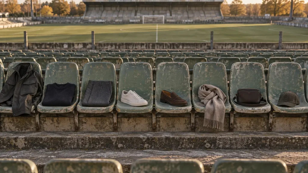 Otto capi e accessori su sedili vintage di uno stadio: giacca, maglia, pantaloni, sneaker, mocassino, sciarpa, borsa e cappellino.
