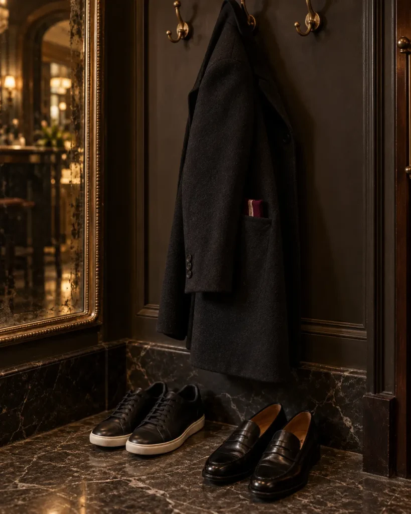 Cappotto scuro con una sciarpa da tifoso appena visibile dalla tasca, sneakers e mocassini nel guardaroba di un ristorante milanese.