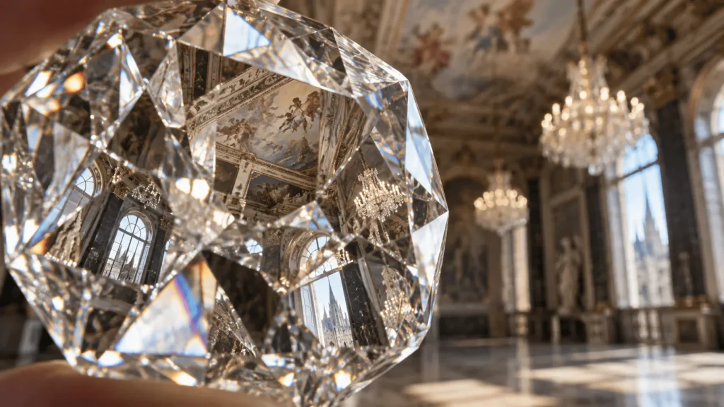 Interno di un palazzo milanese riflesso e frammentato nelle sfaccettature di una grande gemma trasparente, tra affreschi, finestre e lampadari.