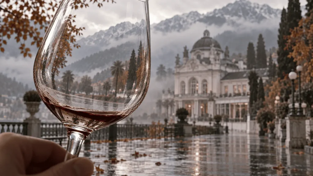 Calice quasi vuoto con una traccia di vino rosso davanti al Kurhaus di Merano, nella nebbia autunnale.