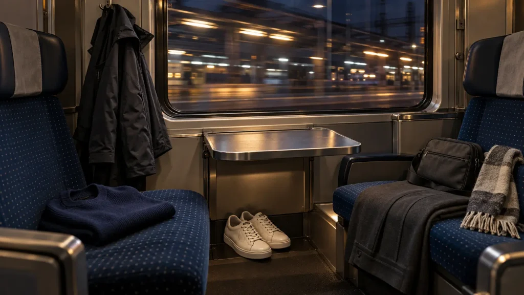 Giacca tecnica, maglia, sneakers, pantaloni, borsa e sciarpa in uno scompartimento ferroviario notturno diretto a una trasferta europea.