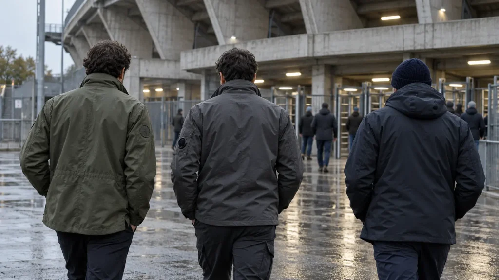 Tre tifosi di spalle con giacche tecniche verde militare, grigio e blu camminano verso i tornelli di uno stadio italiano.
